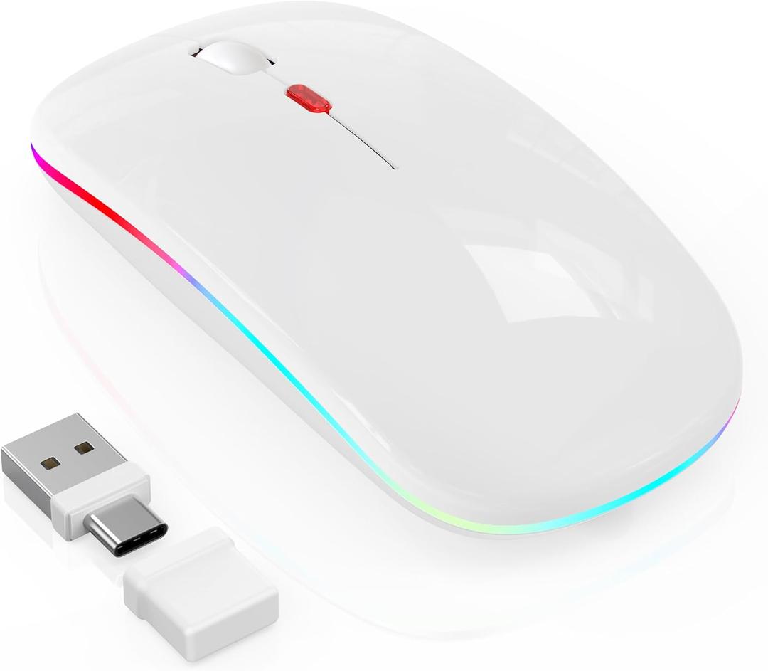 LED Bluetooth Mouse for Laptop/iPad/MacBook Air, USB-C Rechargeable Silent Wireless Mouse, Built-in Mouse Jiggler, 4-Mode Multi-Device Mouse for macOS/iOS/Windows/Android, White