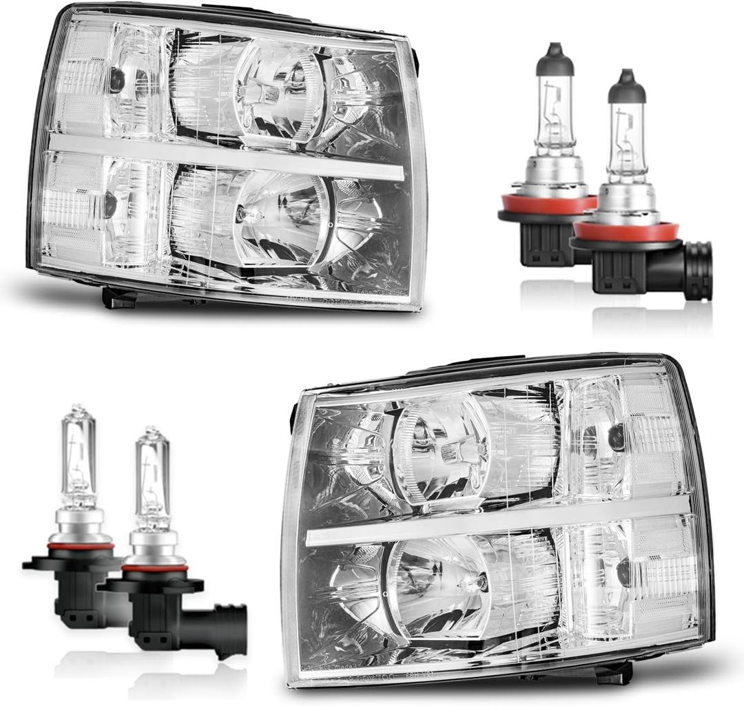 Headlights Assembly with Bulbs for 2007-2013 Chevy Silverado 1500 for 2007-2014 Silverado 2500HD 3500 Headlamp Driver & Passenger Side