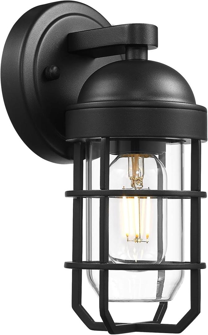 Emliviar Modern Outdoor Wall Light for House Porches, Solid Classic Metal Cage, Retro Charm Exterior Wall Light, Clear Tempered Glass, Black Finish, GE255B BK (9.4 Inch - 1 Pack)