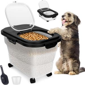 Dog Food Container, Collapsible Pet Food Storage Container 17-20 lb with Rolling Wheels & Airtight Lid, Plastic Storage Bin With Dog Food Scoop and Measuaring Cups (Black)
