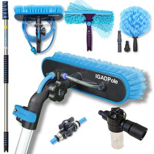 26ft IGADPole Washing Kit: Water-fed Brush, Cobweb Duster and 10 Squeegee and Soap Dispenser, with 5-Stage Telescoping Pole 5-20ft Pole