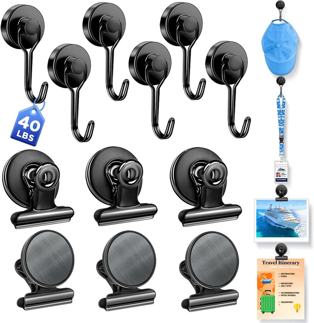 40lbs+ Magnetic Hooks and Clips for Cruise Cabins, 12 Pack Cruise Magnetic Organizer for Hanging Clothes, Hat, Lanyards, Daily Schedules - Cruise Essentials 2026, Magnetic Hanger for Classroom, Fridge