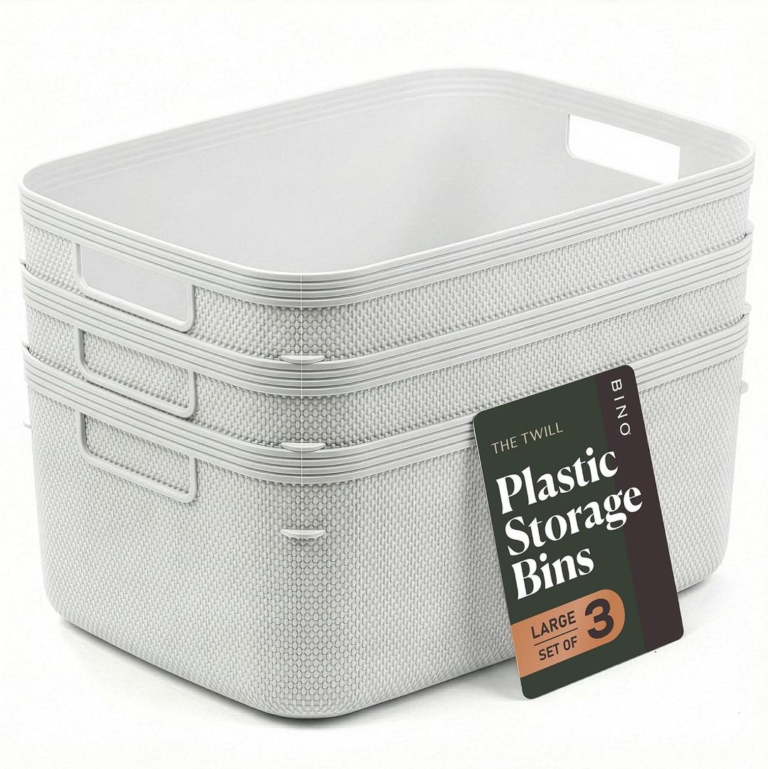 BINO | Plastic Storage Bins, 13 Liter - 3 Pack, White | THE TWILL COLLECTION | Plastic Bins for Organization | Woven Storage Baskets for Organizing | Pantry Shelf Organizer Basket Container Bin