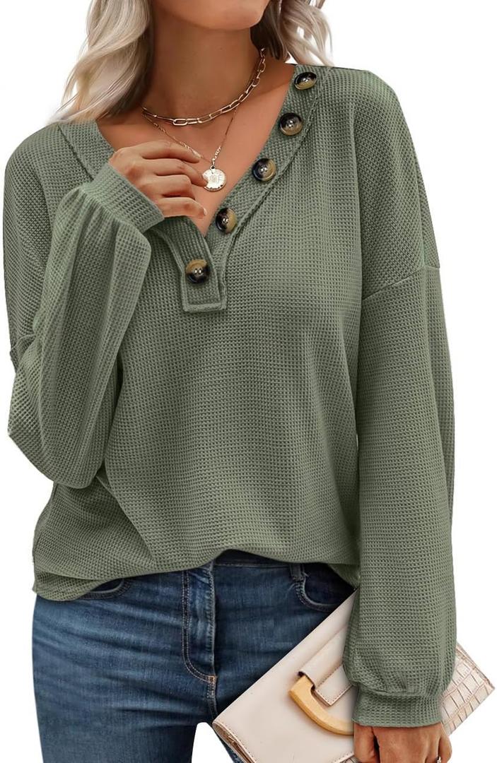 BTFBM Womens Fall Fashion 2025 Long Sleeve Shirts Spring V Neck Loose Casual Deco Button Lightweight Waffle Knit Tops (S)