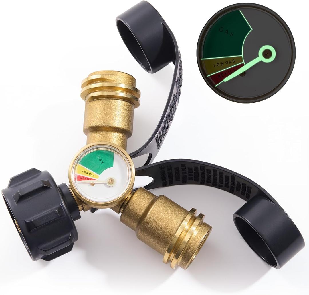 Propane Tank Splitter with Gauge 2 Way, Y Splitter Adapter with Shut Off Valve, Propane Hose Splitter Tee Connector Adapter Universal for BBQ Gas Grill, Griddle, Camp Stove, Gas Pizza Oven