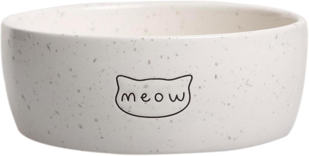 Pearhead Ceramic Meow Cat Bowl, Holds 12 oz, Whisker-Friendly Pet Dish for Food and Water, Modern Speckled White