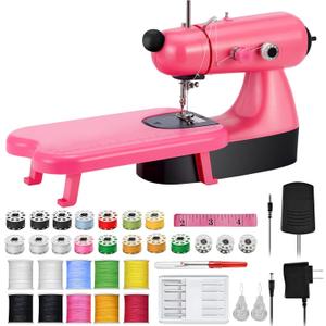 Flying Banana Mini Sewing Machine for Beginners, Girls Sewing Machine Ages 8-12 Kids, Lightweight Small Electric Maquina De Coser with Extension Table, LED Light, Pink