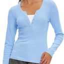 Beaully Women's Long Sleeve Henley Tops Ribbed Knit Slim Fitted Trendy T Shirt Basic Tees Layer 2026 Spring Fashion Outfits (Blue, M)