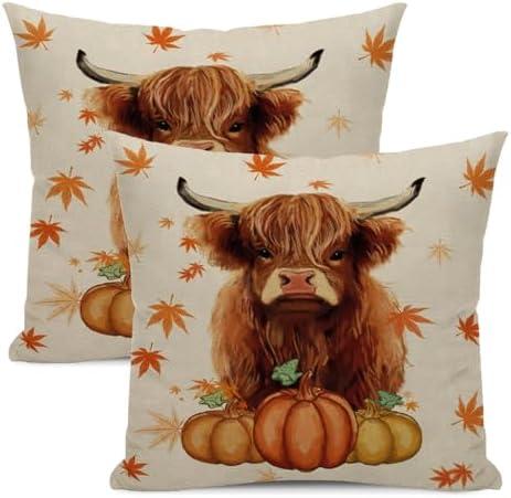 Fall Pillow Covers 18x18 Set of 2 Orange Cow Pumpkin Maple Leaf Throw Pillow Covers Outdoor Decoration Autumn Thanksgiving Decor Cow Pillowcase Farmhouse Decorative Cushion Case for Sofa Couch