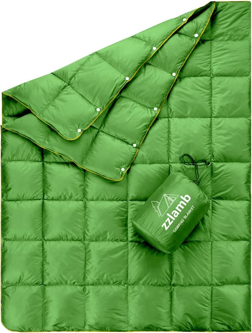 zzlamb Puffy Down Camping Blanket Water-Repellent, Down Throw Travel Blanket Portable for Outdoor, Light Warm Quilt for Couch Plane Car Theater Stadium Picnic RV Backpacking Hammock (Green With Storage Bag)