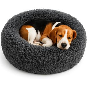 Calming Dog Bed - Fluffy Donut Cuddler for Anxiety Relief, Orthopedic Pet Bed with Non-Slip Bottom, Cozy Round Faux Fur Nest for Dogs and Cats, Plush Crate Mat for Comfort (Dark Grey, Medium)