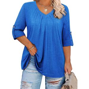 Amrto Plus Size Tops for Women 3/4 Sleeve Casual V Neck Pleated Shirts Loose Fit Tunic Blouse(XL-5XL) (Blue)