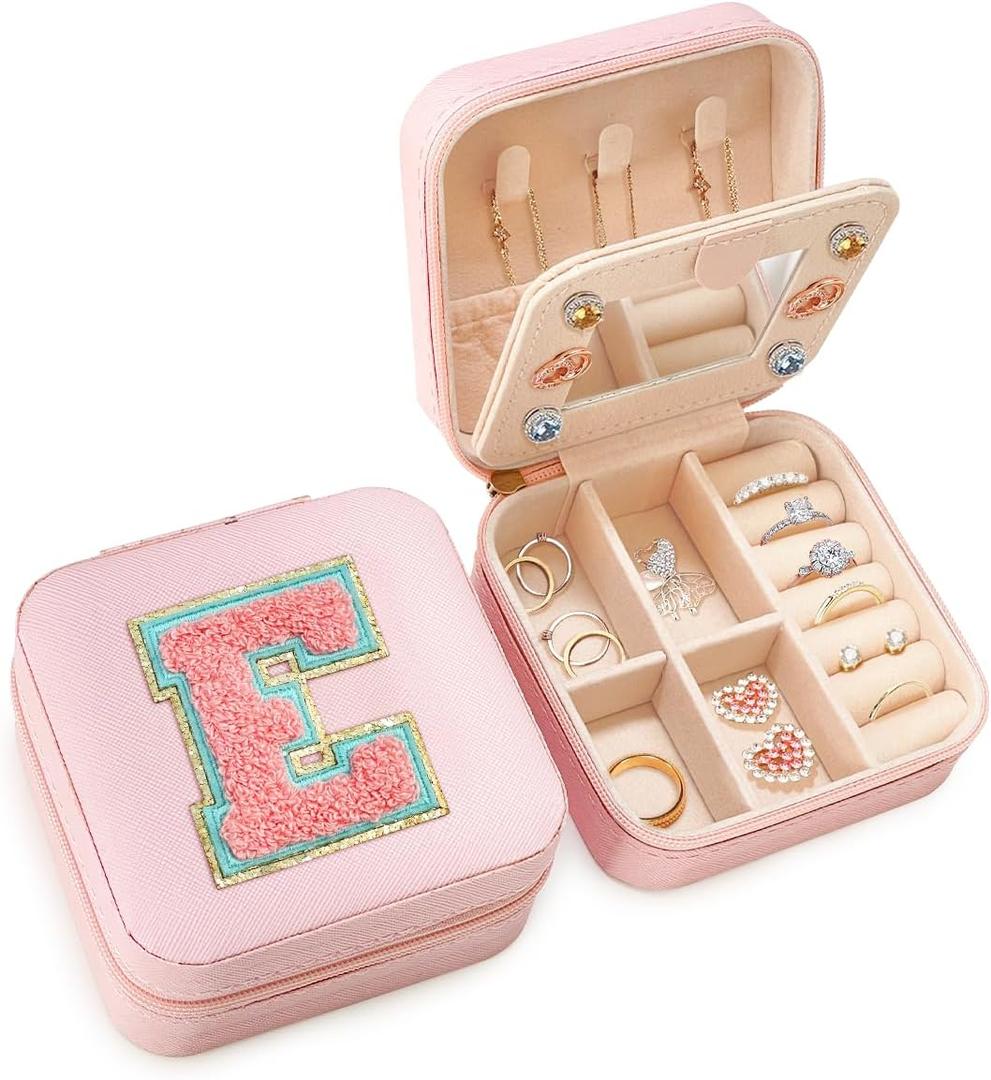 SANDJEST Personalized Jewelry Box, Pink Travel Jewelry Box with Initial E, Small Monogrammed Jewelry Case Organizer for Girls Women Teen Kids, Mini Travel Essentials Gifts for Birthday Christmas