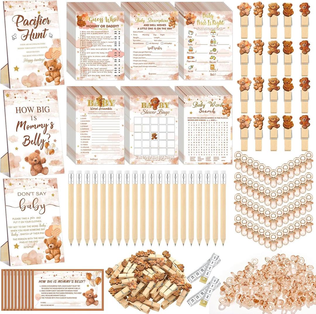 Sherr 476 Pcs Brown Bear Baby Shower Games 6 Sets Activities Cards Pacifier Hunt Game 50 Pacifiers How Big is Mommy's Belly Sign 50 Guessing Cards 2 Measuring Tape Don't Say Baby Sign 50 Clothespin