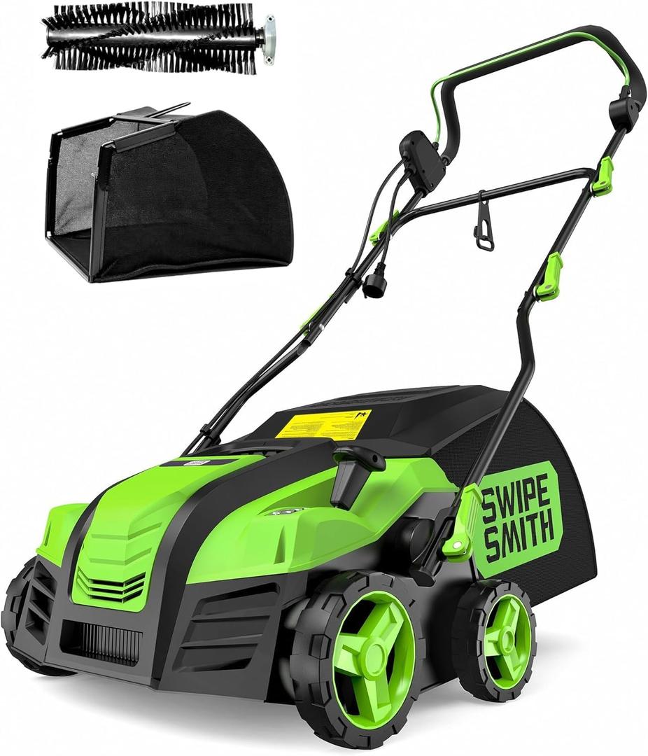 SWIPESMITH 16" Artificial Grass Sweeper, 1800W Artificial Turf Vacuum | 1800W Lawn Sweeper Yard Power Brush with 55L Removable Leaf Collection Bag, Quick-Fold Design for Yard Lawn Cleaning