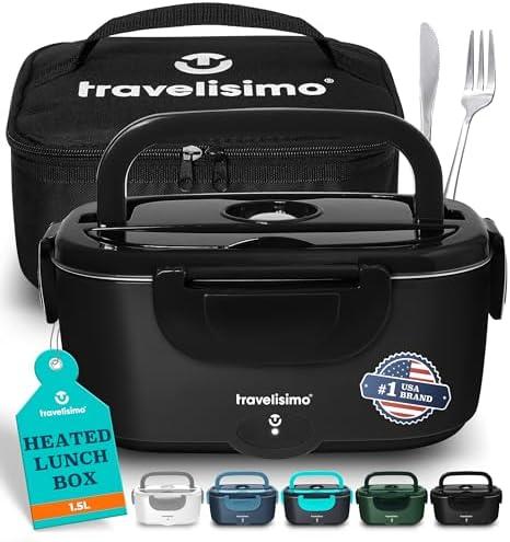 TRAVELISIMO Electric Lunch Box for Adults, 80W Heated Lunch Box 1.5L Stainless Steel Electric Food Warmers, 12/24/110V Portable Food Warmer for Travel & Work, Loncheras para Hombres de Trabajo