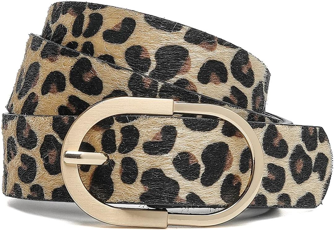 Womens Leather Waist Belts for Jeans Pants with Gold Buckle Leopard Medium