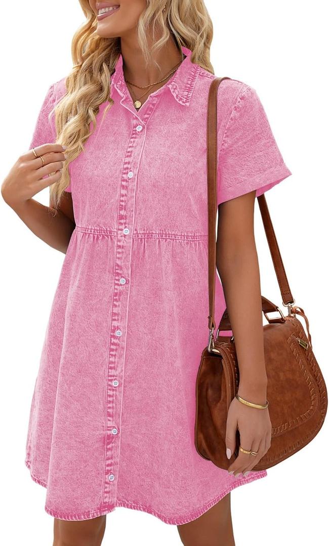 LookbookStore Women's Short Sleeve Button Down Flowy Tiered Babydoll Denim Dress (Medium, Aurora Pink)