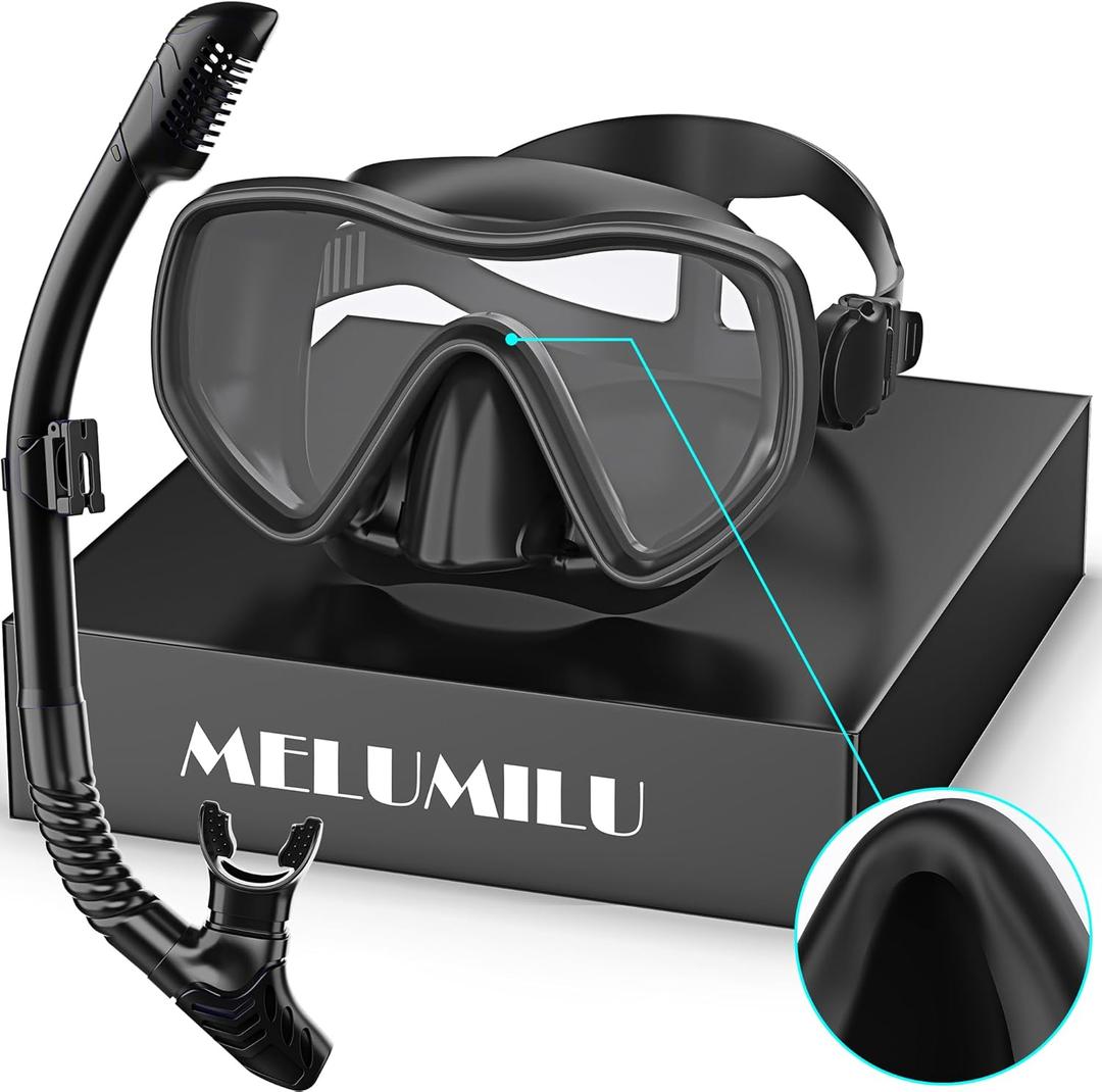 Snorkeling Gear for Adults, Dry Snorkel Set 180 Panoramic Wide View Anti-Fog Scuba Diving Mask, Professional Snorkel Gear for Free Breathing, Swimming, Diving, Nose Upgrade 2.0 (Black)