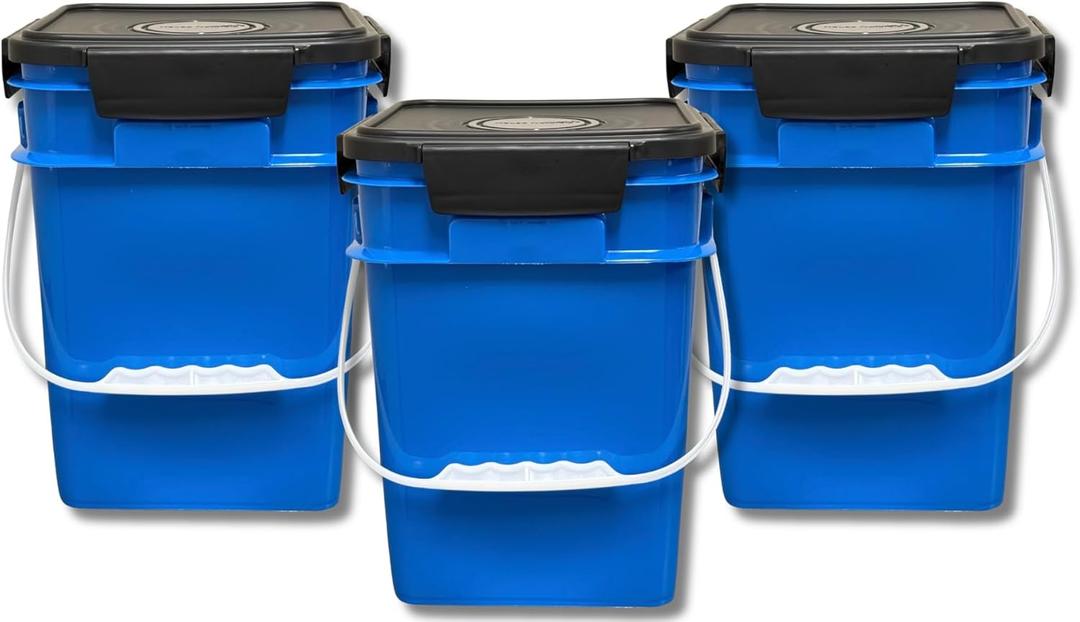 House Naturals 4 Gallon Square Buckets with lids- Made in USA Container- Pack of 10 (Blue - Black lids)