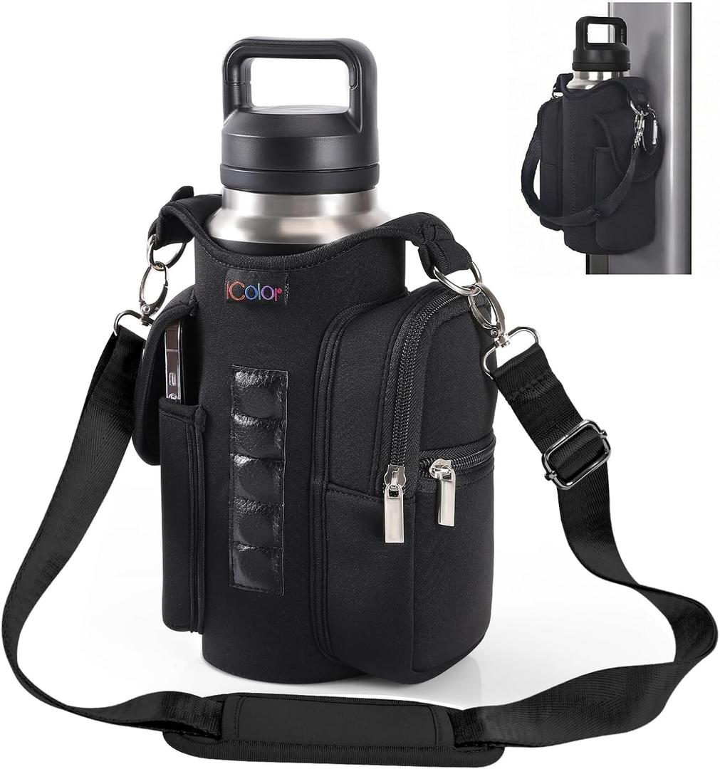 icolor Magnetic Gym Bag Water Bottle Carrier Holder with Phone Pockets & Shoulder Strap,Gym Magnetic Bag 5 Built-in Magnets Gym Accessories Organizer Sling Bottle Bag Pouch Sleeve (PureBlack)