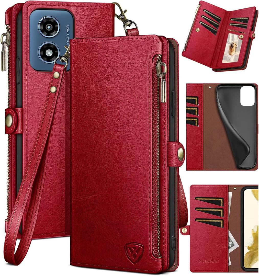 XcaseBar for Moto G 5G 2024/G Play 2024 Wallet case with Zipper Credit Card HolderRFID Blocking,Flip Folio Book PU Leather Phone Shockproof Cover Women Men for Moto G Play 2024 case Red
