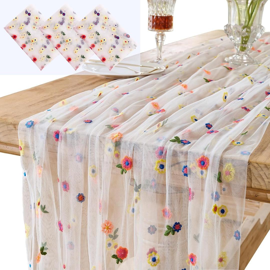 3PCS Lvory Floral Table Runner 10 FT, Embroidery Daisy Table Runners Seasonal Spring Summer Sheer Tulle Dining Table Decor for Home Party Birthday Decor 29x120 Inch