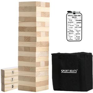 Outdoor Games Large Tower Stacking Game, 54 Wooden Blocks, Stack Up to 4 Ft Tall, Includes Carry Bag and Scoreboard, Backyard and Beach Lawn Yard Fun for Adults and Family (Natural)