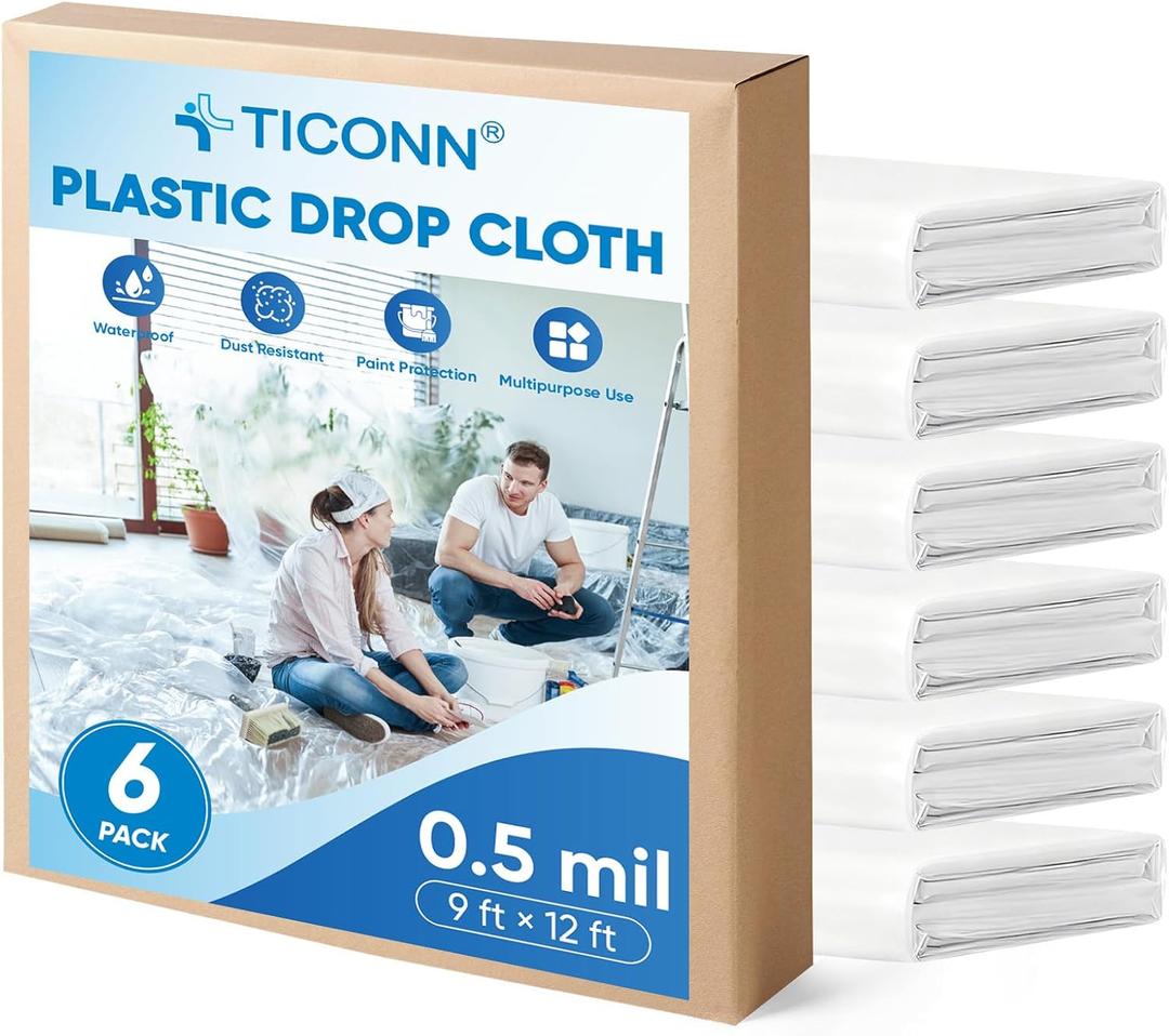 TICONN 12 x 9 Ft Plastic Drop Cloth for Painting, Waterproof Painters Plastic Sheeting, Painting Tarp for Furniture Cover, Floor Protection (6PK, 0.5Mil)