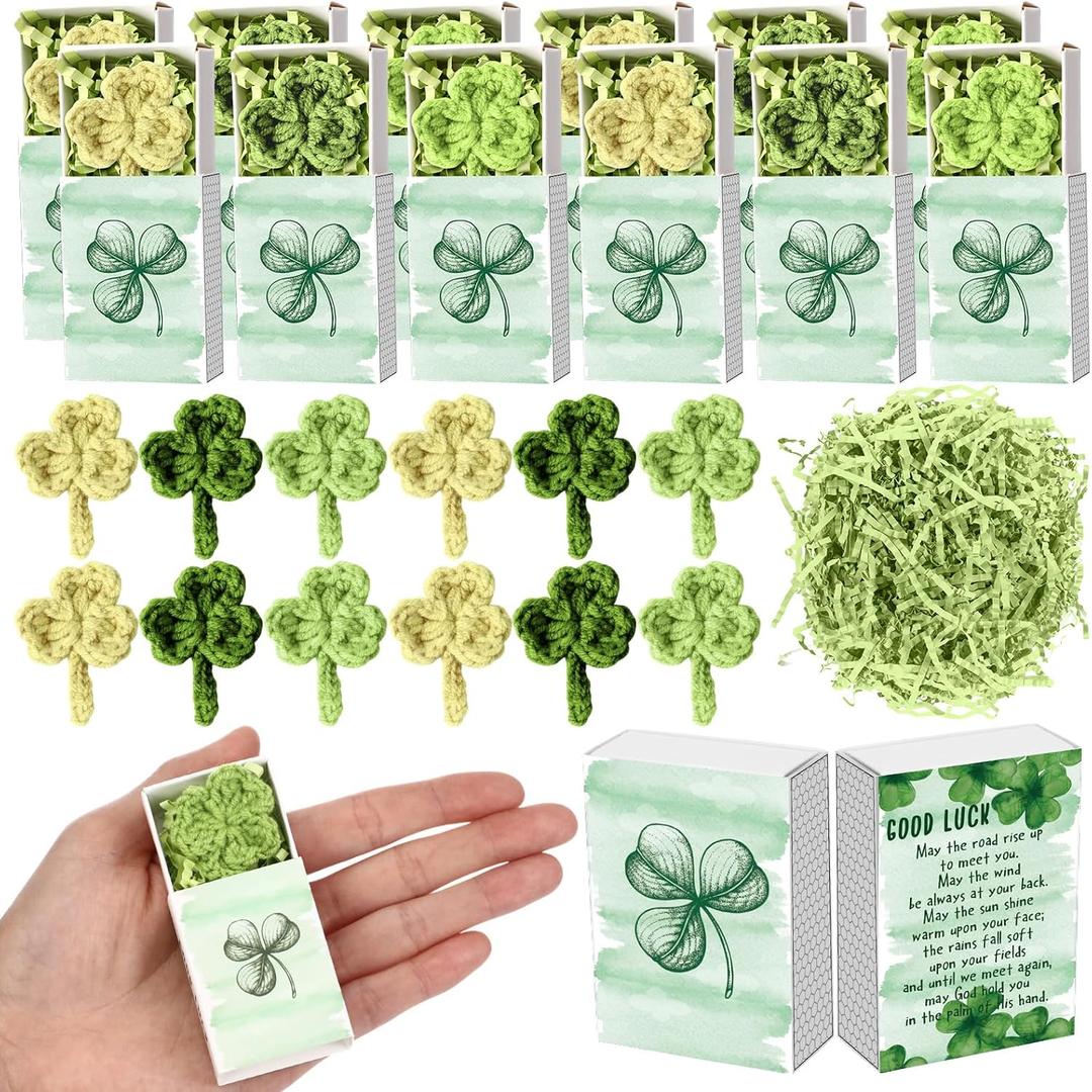 Wettarn 36 Sets Lucky Clover Gifts Bulk, Handmade Crochet Shamrock with Gift Boxes and Raffia, Small Encouragement Gifts for Women, Teachers, Nurses, Coworkers, Classroom Church Office Party Favors