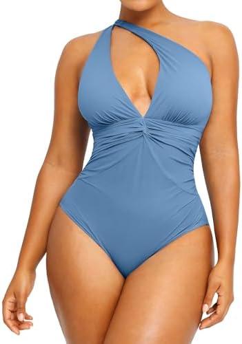 SHAPELLX Women's One Piece Swimsuit Tummy Control Ruched Full Coverage Bathing Suit V Neck Slimming Swimwear Size XL