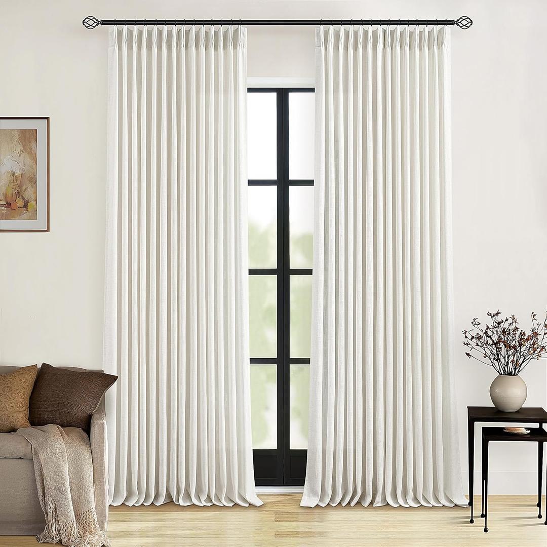 TWODRAPES Natural Pinch Pleated Linen Curtains 126 Inches Long 2 Panels for Living Room Bedroom Memory Training Shaped Semi Sheer Pleat Drapes Hooks Rings Light Filtering Window Curtain 40x126