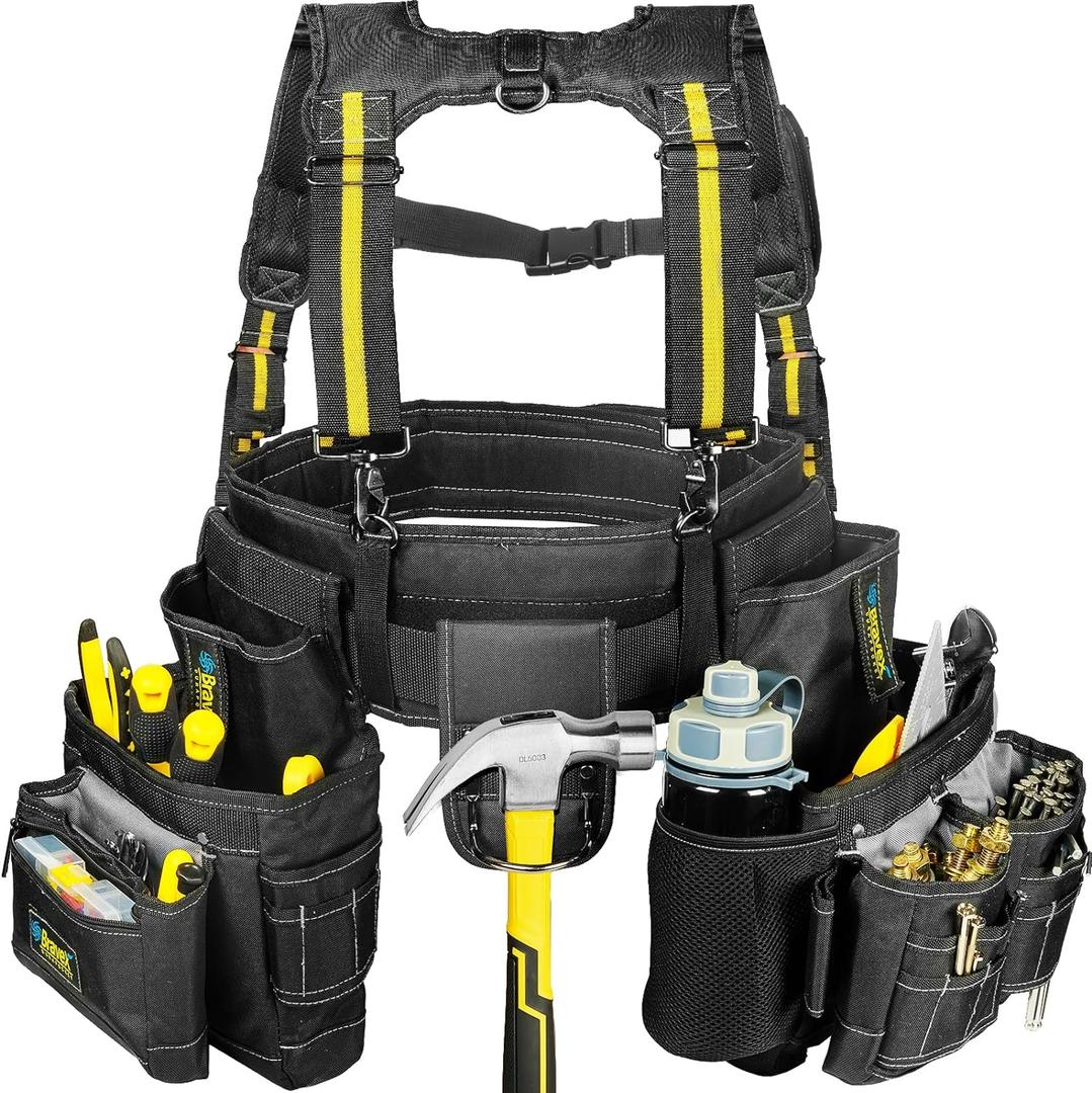 Bravex Tool Belt Suspenders, Tool Vest Pro Ultra 20 Bags Y-Style Toolbelt 5 Combo Apron Tool Pouch For Framers Carpenter Electrician 1200D Ballistic Nylon
