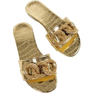 GORGLITTER Women's Metallic Chain Flat Sandals Open Toe Slip on Dressy Summer Slides (8, Gold)