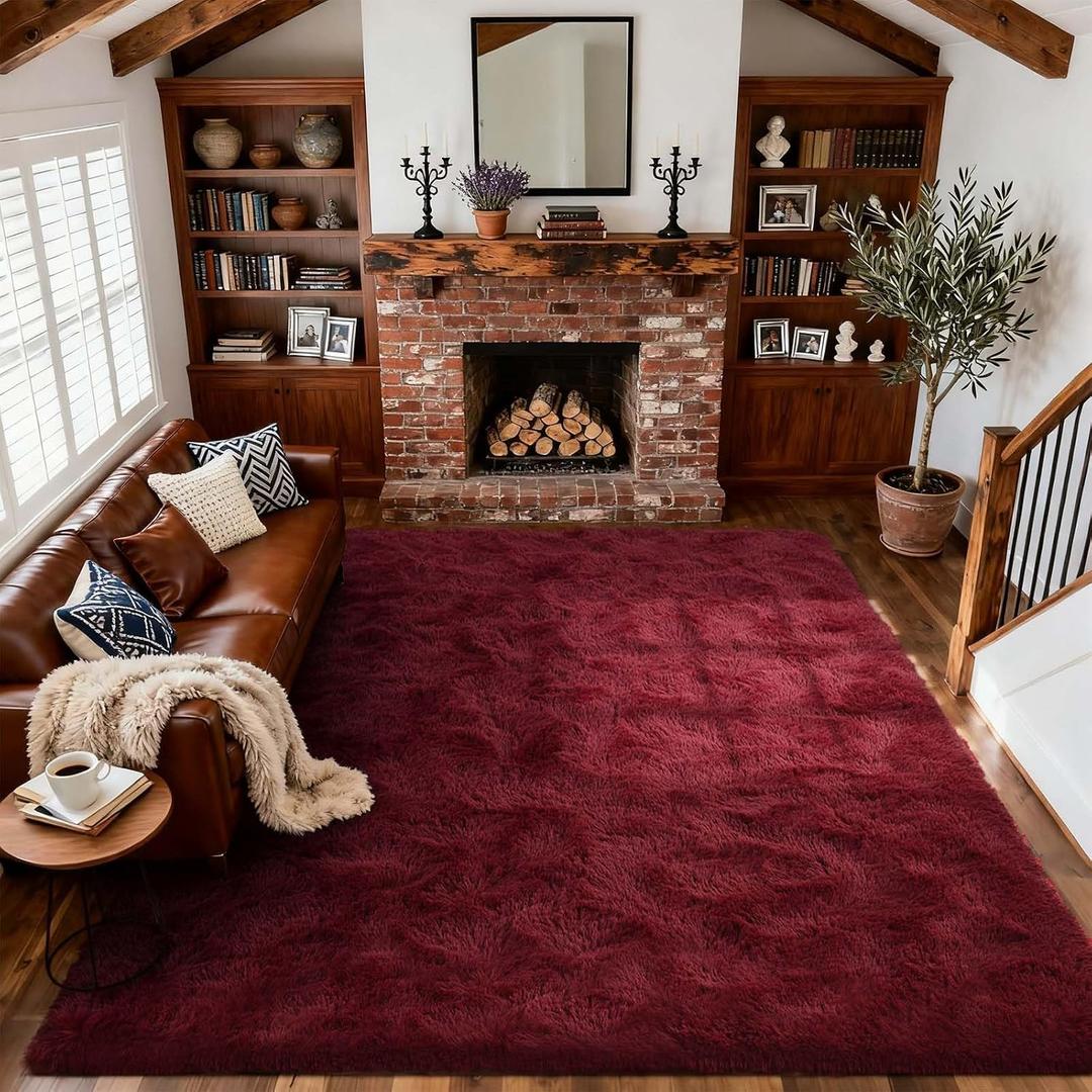 Area Rugs for Living Room, 6x9 Feet Soft Fluffy Shagg Plush Rug High Pile Large Indoor Modern Non-Slip Floor Carpet for Bedroom Nursery Girls Kids Home Room Dorm Decor Aesthetic Burgundy