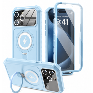 KJSK for iPhone 15 Pro Max Case,Kickstand+Magnetic+Screen Protector+Camera Protection,Heavy Duty Protection,Drop Proof Rugged Protective Cell Phone Cover for iPhone 15 Pro Max (Light Blue)