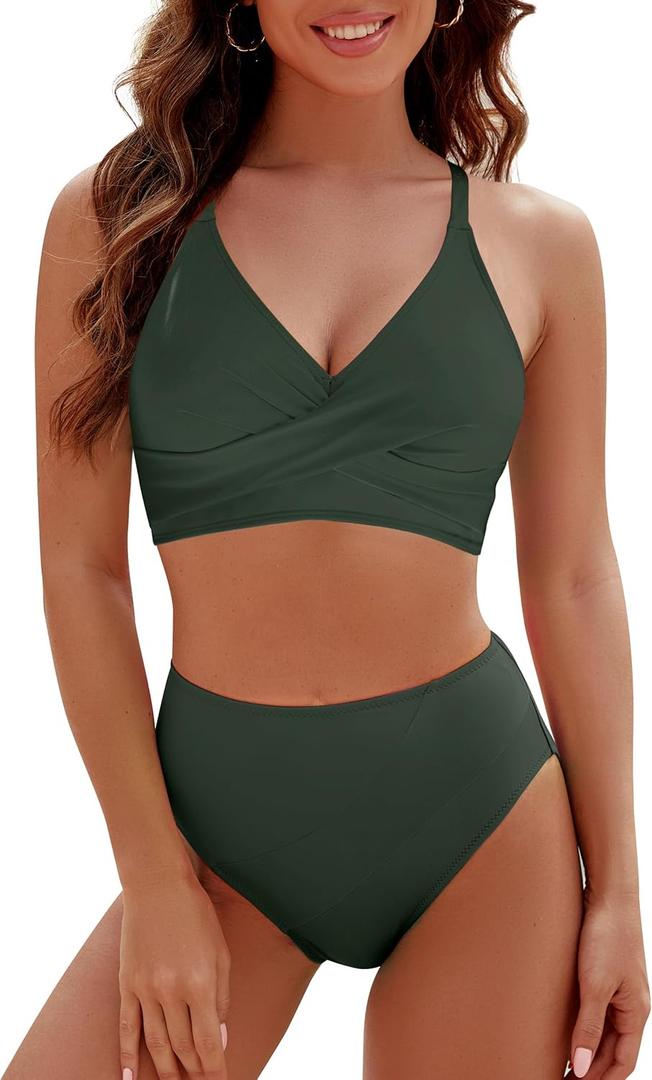 Blooming Jelly Womens High Wasited Bikini Sets Tummy Control Swimsuits Curvy Mesh Swim Skirt (Medium, Army Green)