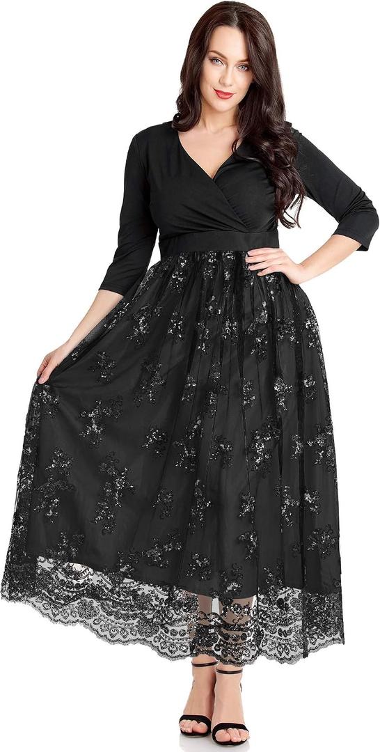 GRAPENT Women's Plus Size Sequin 3/4 Sleeves Evening Gown Party Long Maxi Dress (Black), Size 18W