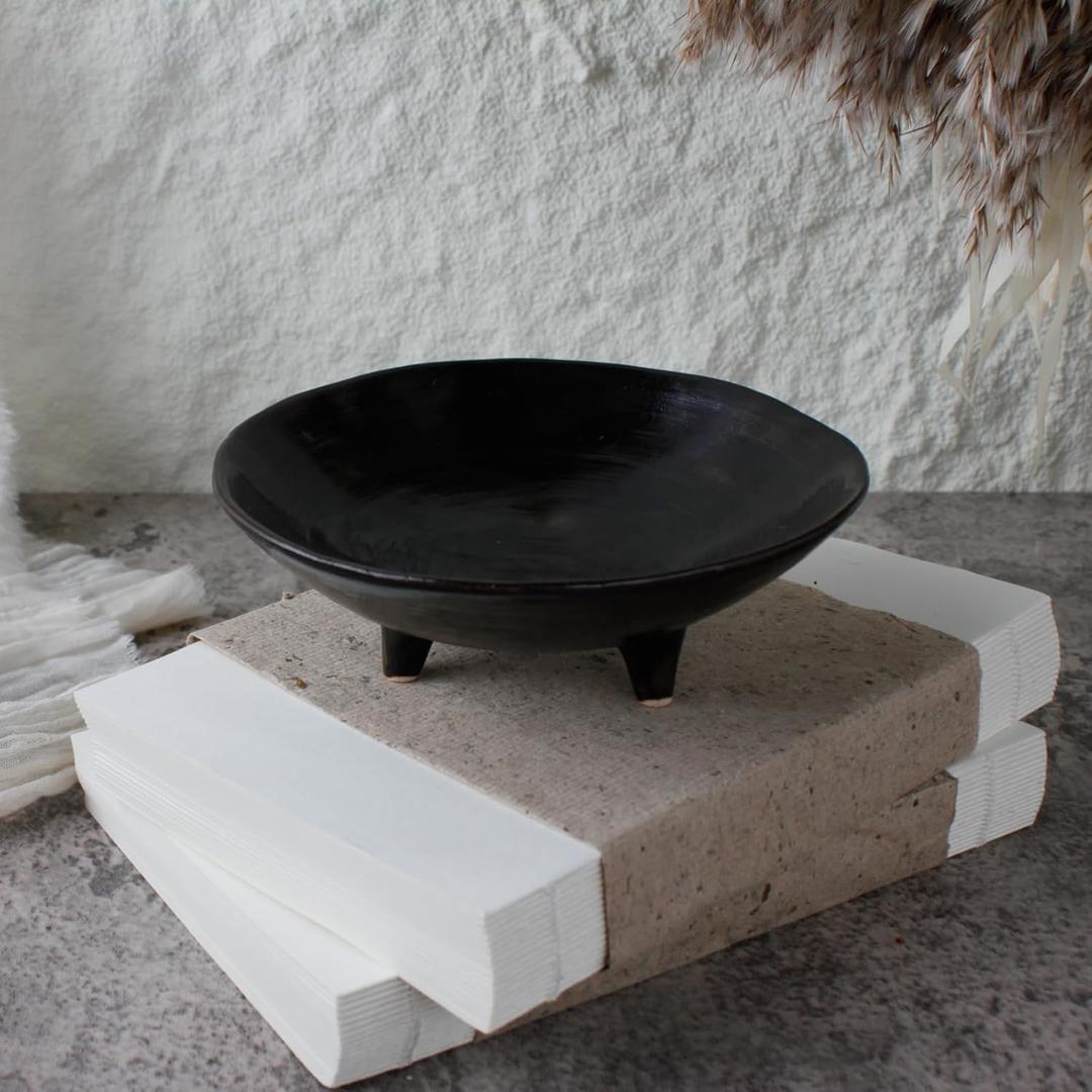 Wabi Sabi Footed Decorative Bowl, Multi-Purpose Small Ceramic Bowl, Vintage Rustic Boho Shelf Table Decor, Natural Black (6.1" DIA)