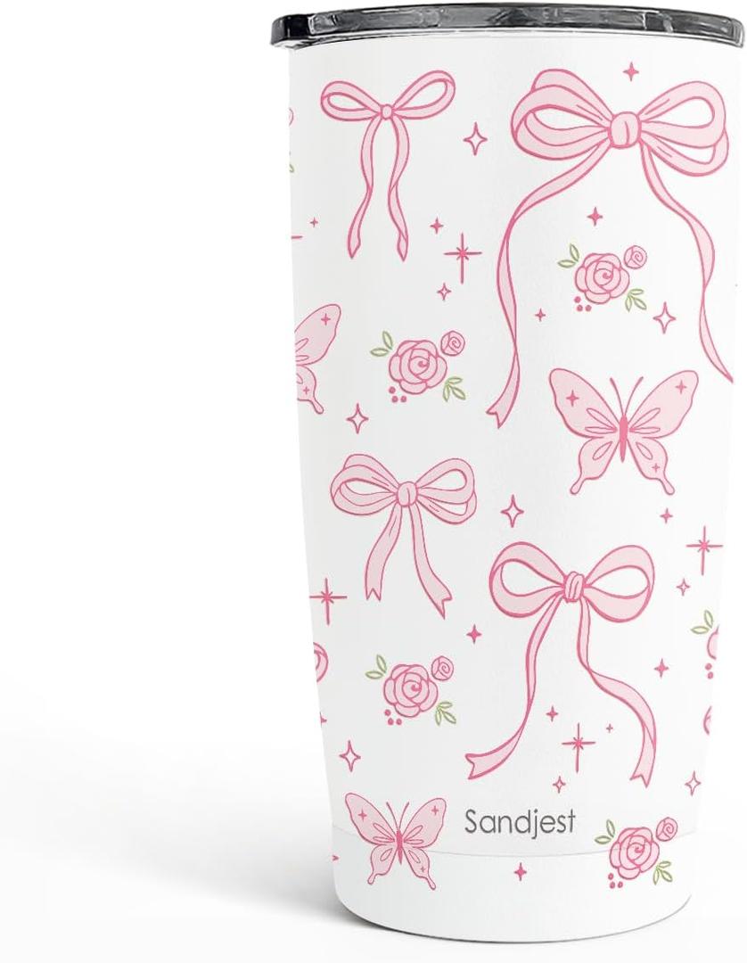 SANDJEST Bow Tumbler 20oz, Stainless Steel Travel Cup with Lid, Insulated Coffee Mug, Bow Gifts for Women Girls Friends Sisters on Birthday Christmas (White)