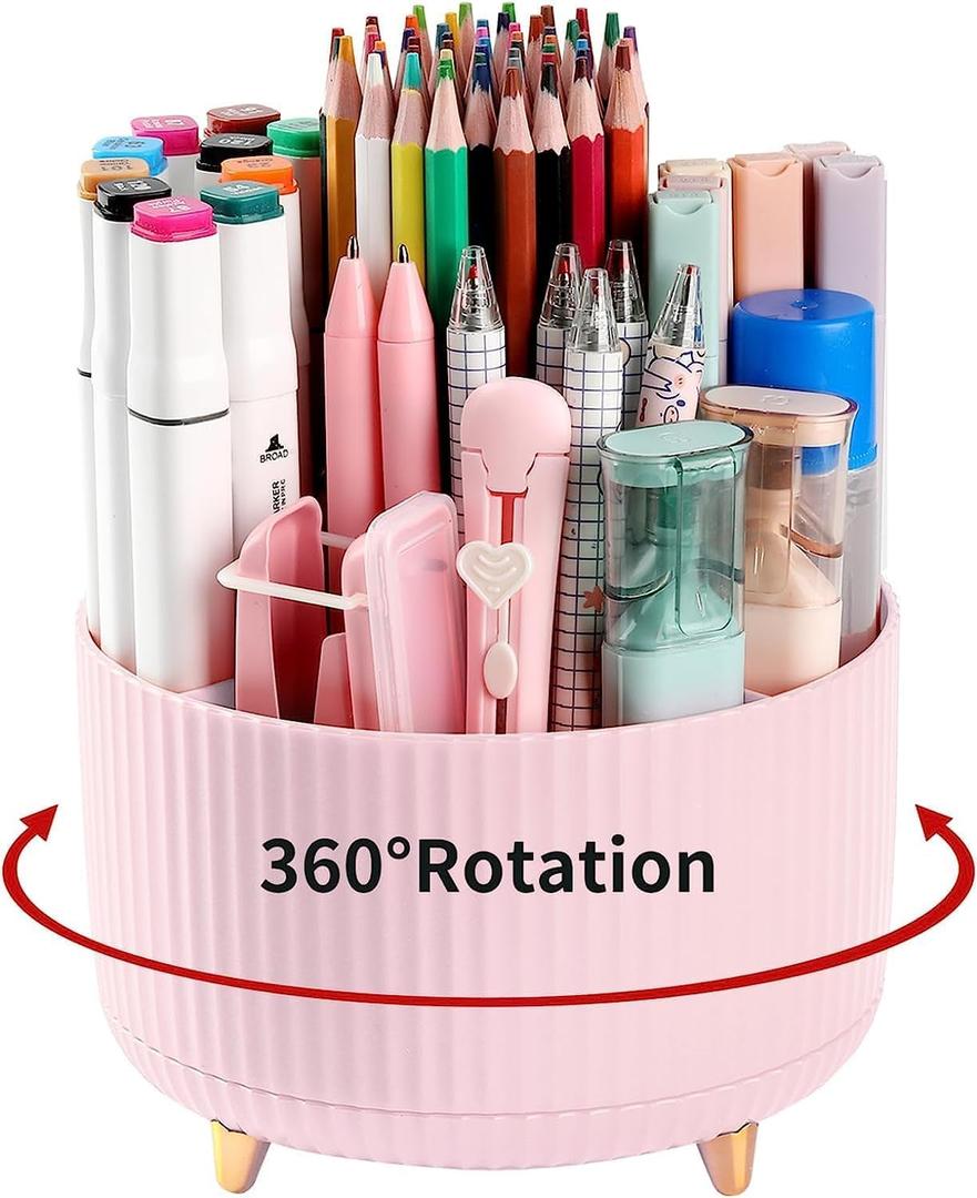2 x Pencil Pen Holder for Desktop, 360 Degree Rotating Pencil Holder for Desk Organizer, 5 Slots Rotating Desk Pen Organizer for Office School Home, Pink