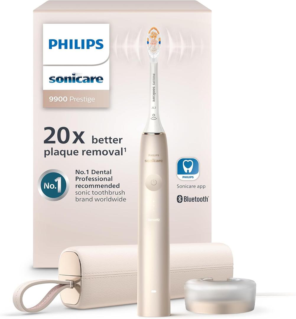 Philips Sonicare DiamondClean 9900 Prestige Electric Toothbrush - with SenseIQ Technology and Advanced AI App, 5 Brushing Modes, 3 Intensity Levels, Charging Travel Case, Champagne, HX9990/11