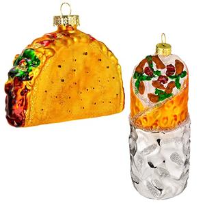 JOYIN Christmas Taco and Burrito Ornament, 2 pcs Glass Blown Set Handcrafted for Tree Hanging Ornament Outdoor Christmas Decorations Indoor