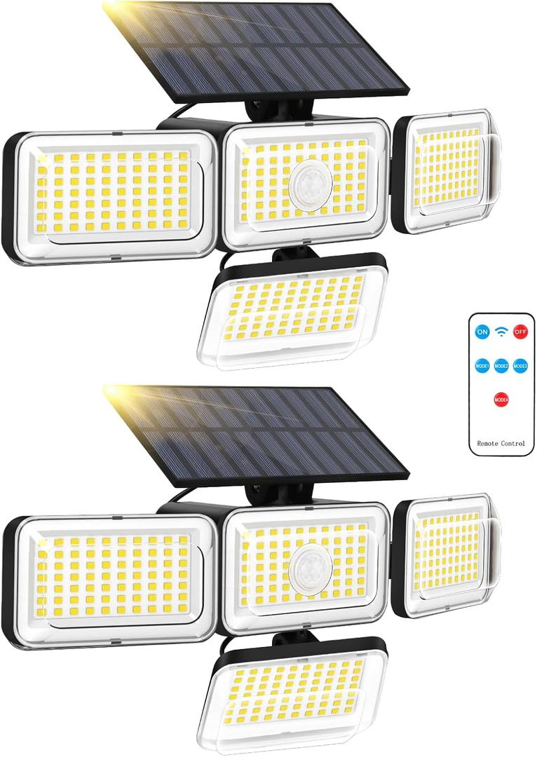 Mokot Solar Lights Outdoor, 288 LED 2800LM Motion Sensor Outdoor Light with Remote Control, 4 Heads IP65 Waterproof Solar Flood Security Lights for Outside Patio Wall -2PACK