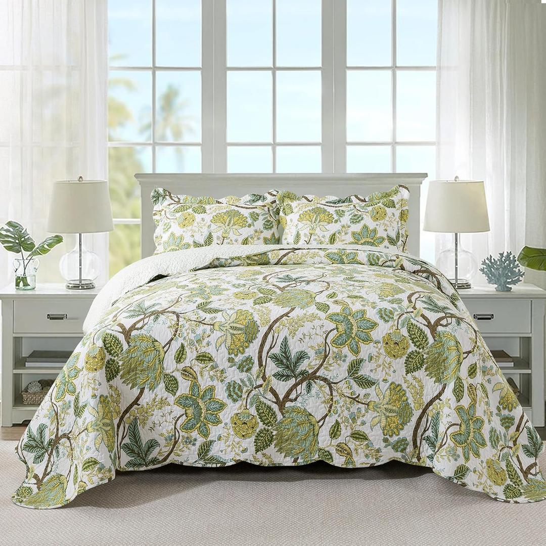 3-Piece Quilt Set Quilted Bedspread Cotton Coverlet Set Floral Oversized Quilted Bedding Set for All Season, White Vine, King Size