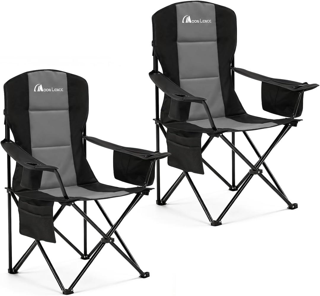 MOON LENCE Heavy Duty Camping Chair, 450LBS Capacity High Back Folding Chair with Cup Holder & Cooler Bag, Portable Outdoor Chair for Camping, Backyard, RV and Beach, 2 Pack