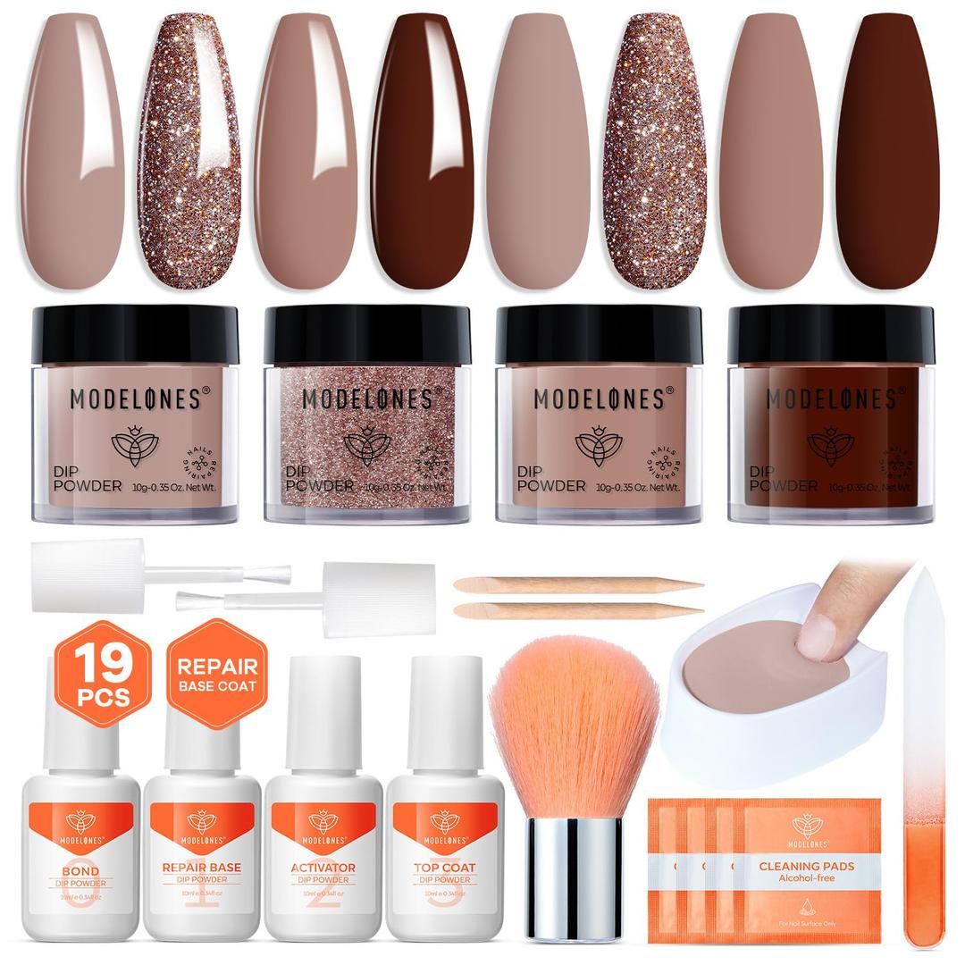 Modelones Dip Powder Nail Kit, 4 Colors Brown Glitter Dipping Starter Set with Liquid and Complete Accessories for French Nails Art Salon DIY at Home Manicure