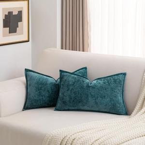 FUTEI Teal Chenille Throw Pillow Covers 12x20 Inch Set of 2,Soft Velvet Lumbar Pillow Cases,Home Decor for Couch Bed Living Room