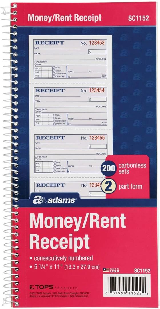 Adams Money and Rent Receipt Book, 2-Part Carbonless, 5-1/4" x 11", Spiral Bound, 200 Sets per Book, 4 Receipts per Page (SC1152) (Smaller pack)