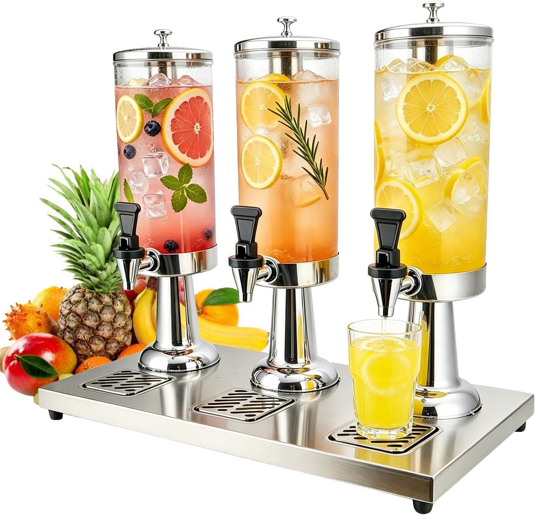 2.4 Gallon Beverage Dispenser, Hot & Cold Drink Dispenser with Stand & Drip Trays, Commercial Water Pitcher with Leakproof Spigot & Ice Core for Parties, Weddings, Buffets, Beer Serving